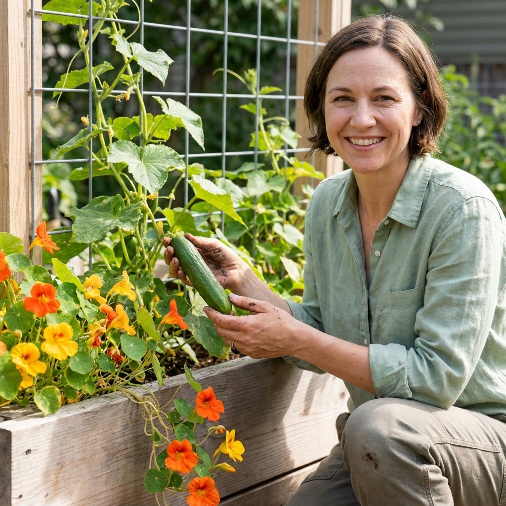 Cucumber vines climbing a trellis in a raised bed while nasturtiums trail over the wooden edge