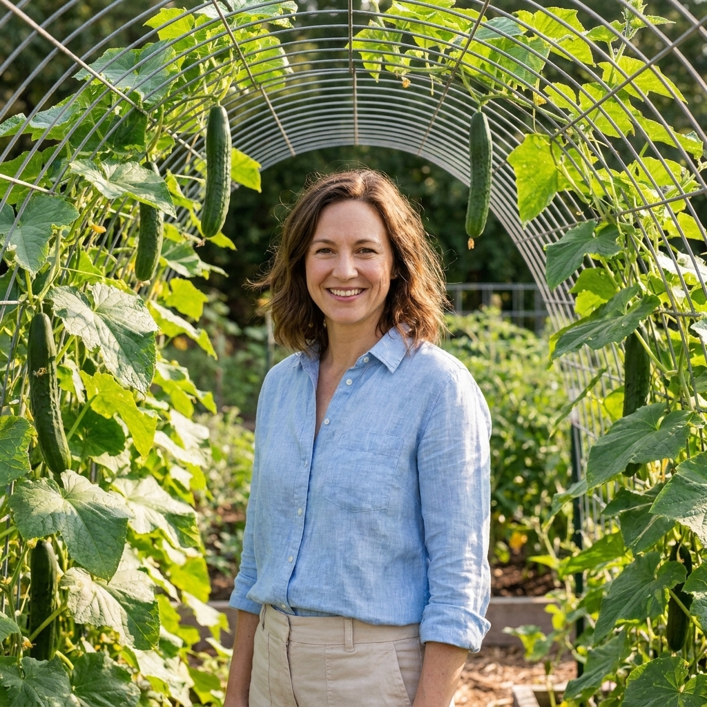 Cucumber vines trained up an arched cattle panel trellis with several hanging cucumbers visible among healthy green leaves
