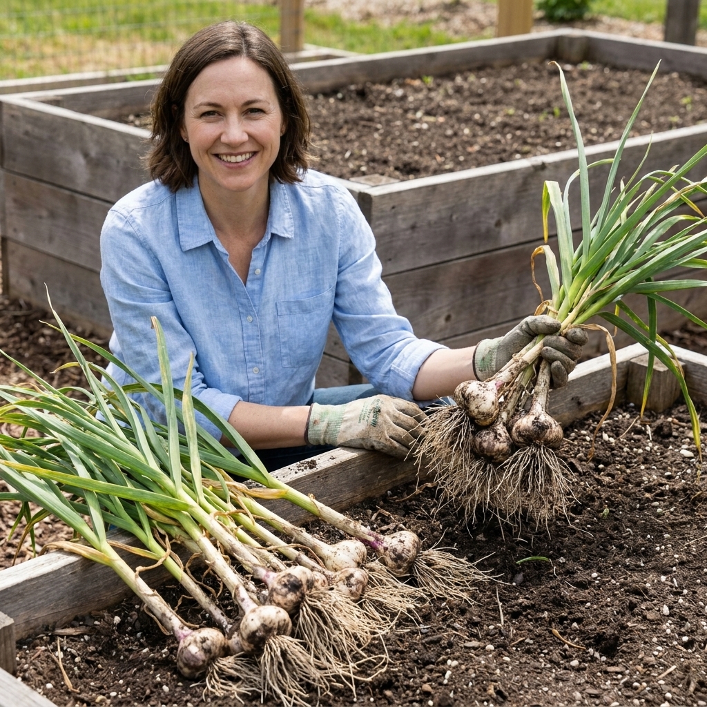 Freshly pulled garlic plants resting on the soil surface of a raised bed, with intact bulbs, roots, and green stalks still attached