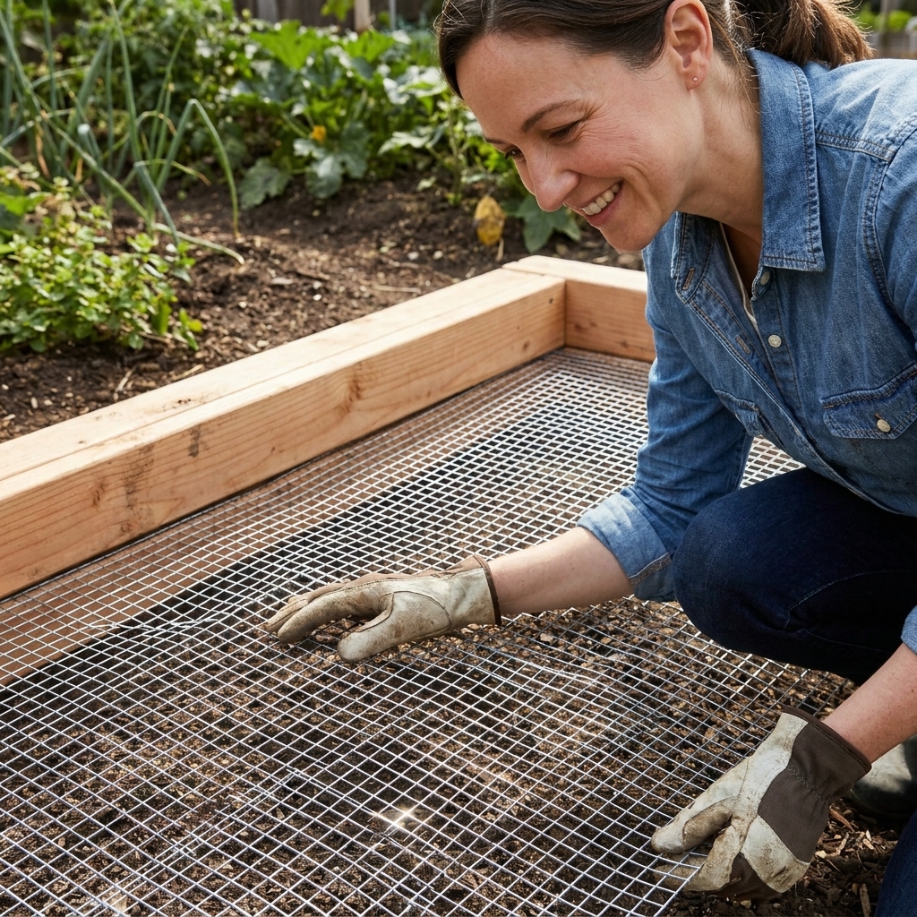 Galvanized hardware cloth mesh stretched flat on soil beneath a raised bed frame, showing the square grid pattern and metal sheen