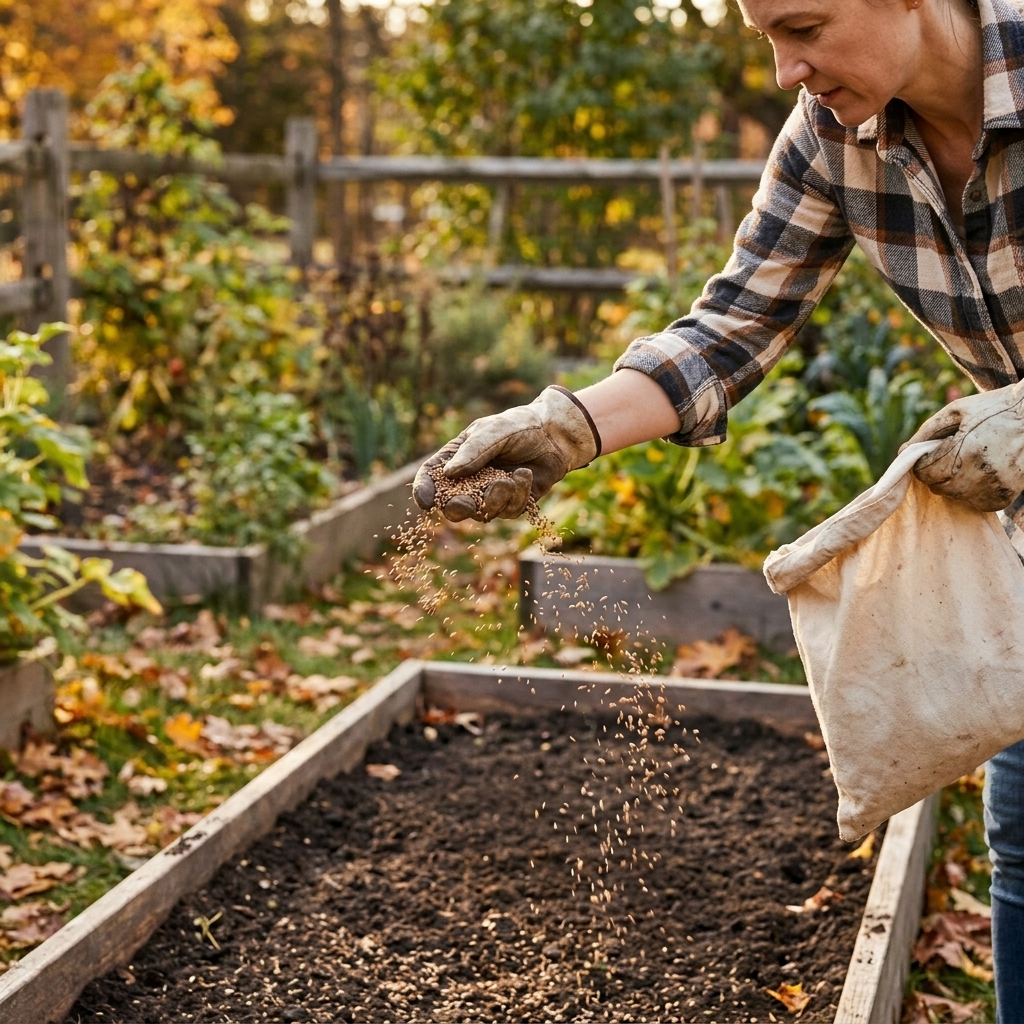 Hands broadcasting small cover crop seeds evenly across a cleared raised bed in autumn