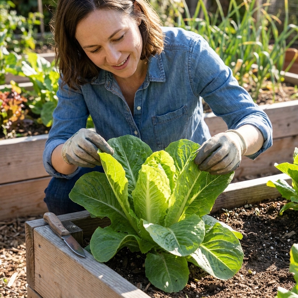 Hands gently lifting romaine lettuce leaves in a raised bed to reveal the inner growth center before harvesting the outer leaves