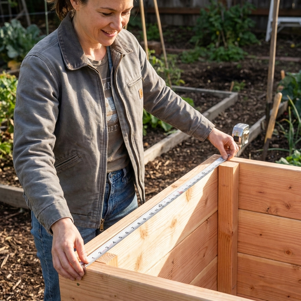Hands holding a tape measure across a rectangular wooden frame to check the diagonal measurement and square the raised bed