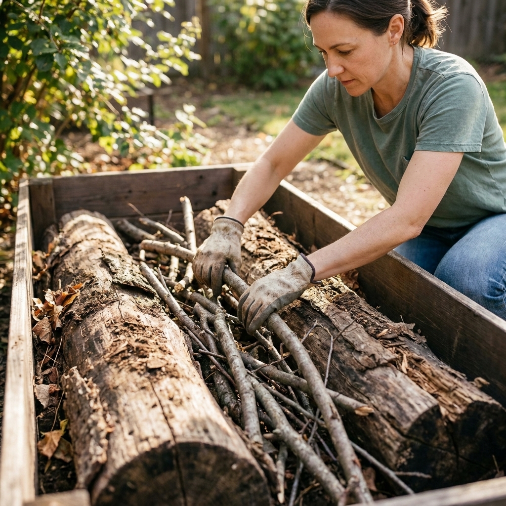 Hands placing medium branches and smaller sticks into a deep raised bed to fill gaps between larger logs