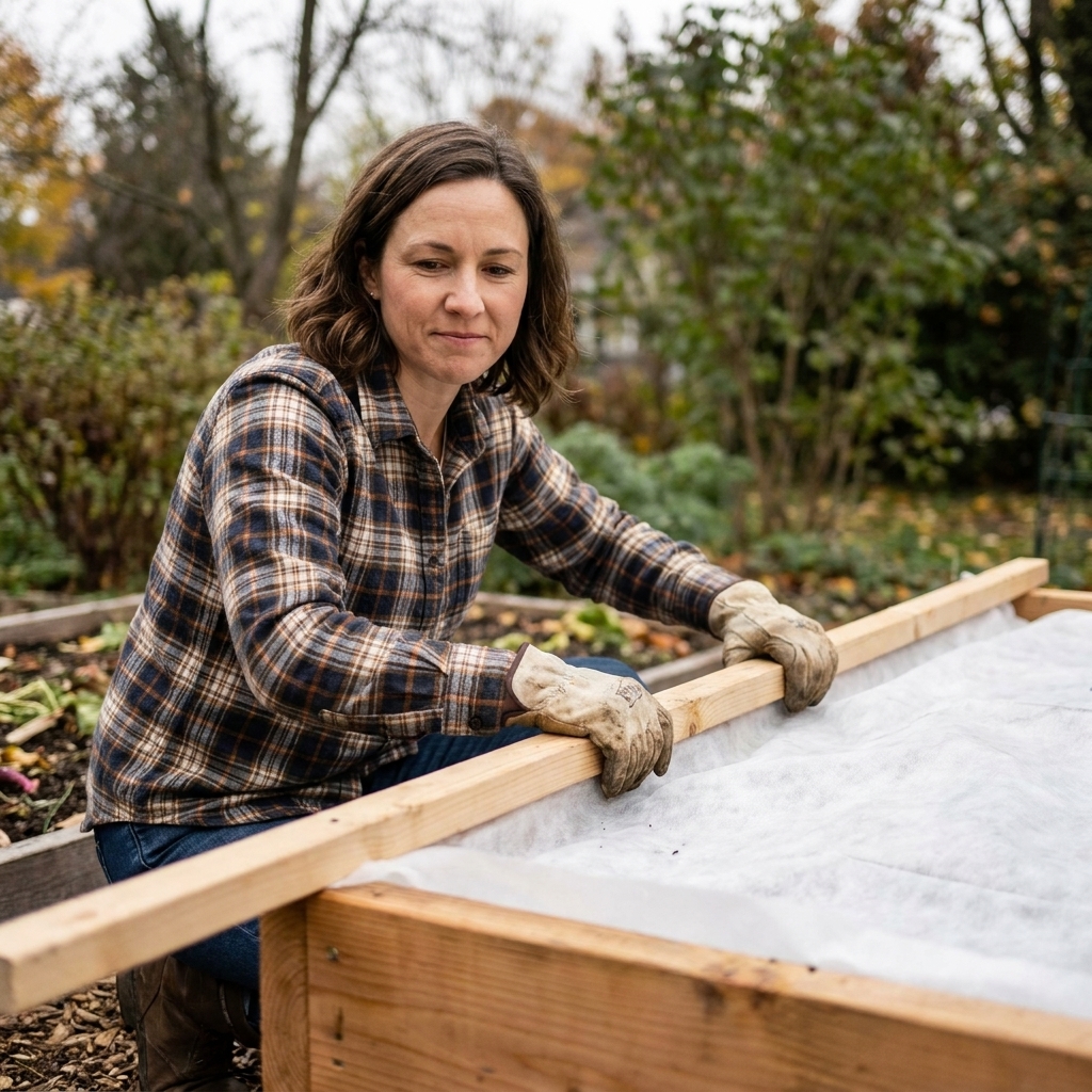 Hands pressing a wooden 1x2 batten along the edge of a raised bed to hold down white frost cloth tightly against the bed frame