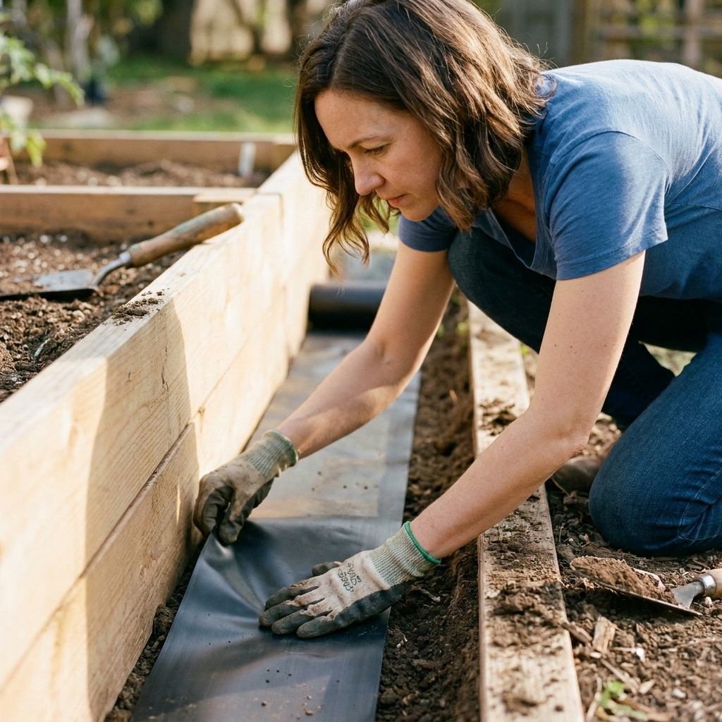 Hands setting a black HDPE root barrier into a narrow trench beside a wooden raised bed