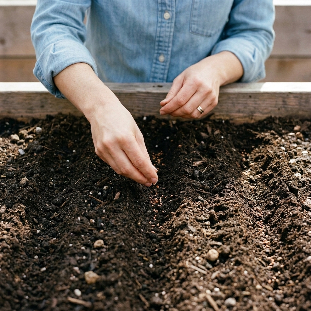 Hands sowing carrot seeds in shallow furrows in a raised garden bed with dark, moist soil