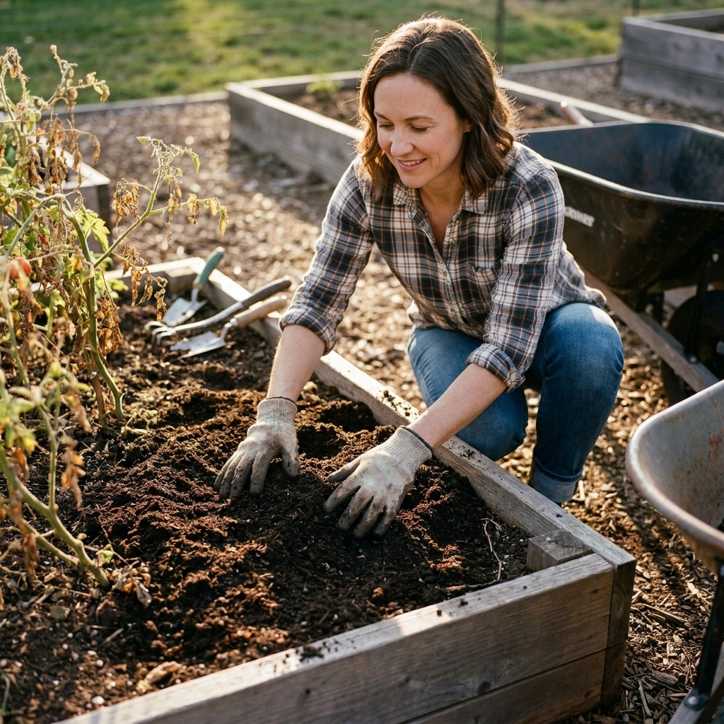 Hands spreading finished compost in an even layer over a raised bed after removing a spent summer crop