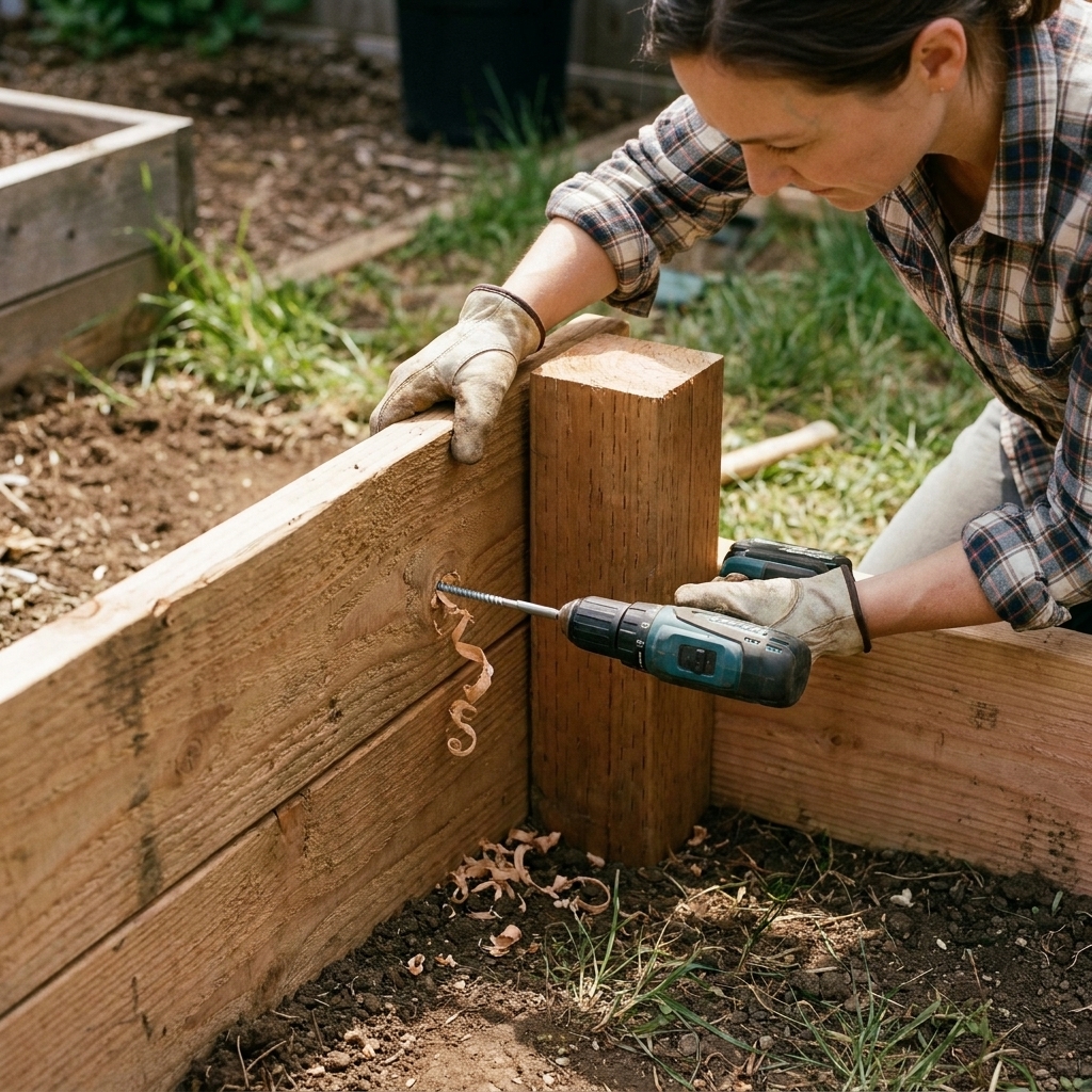 Hands using a drill to drive an exterior screw through a raised bed wall into a wooden stake on the inside corner of the bed