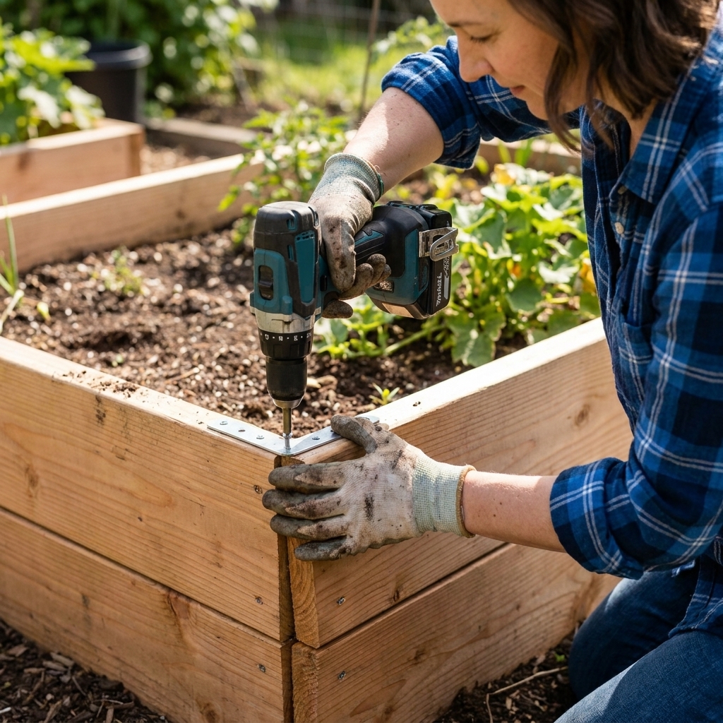 Hands using a drill to secure an L-shaped metal bracket inside a raised bed corner where the boards had begun separating