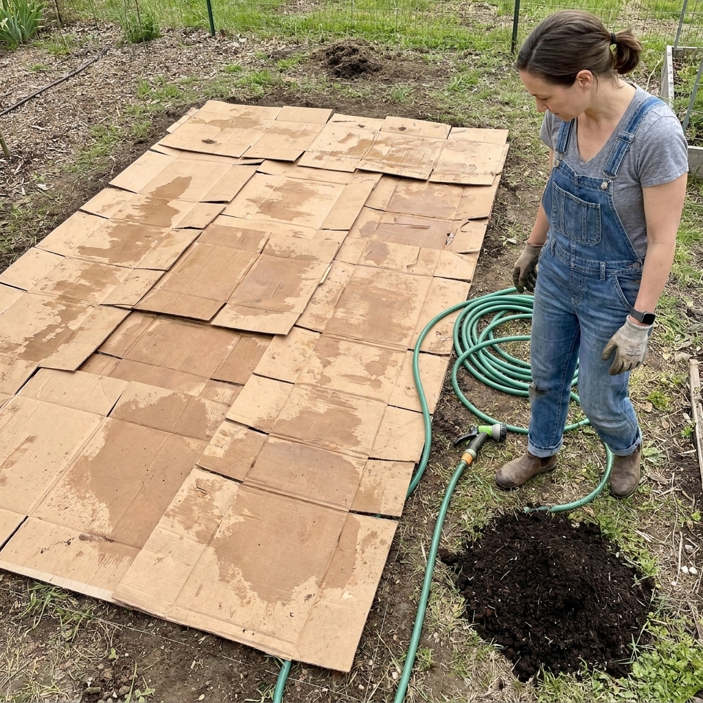 Overlapping sheets of wet cardboard covering grass under a raised bed footprint, with a hose and a small pile of compost nearby