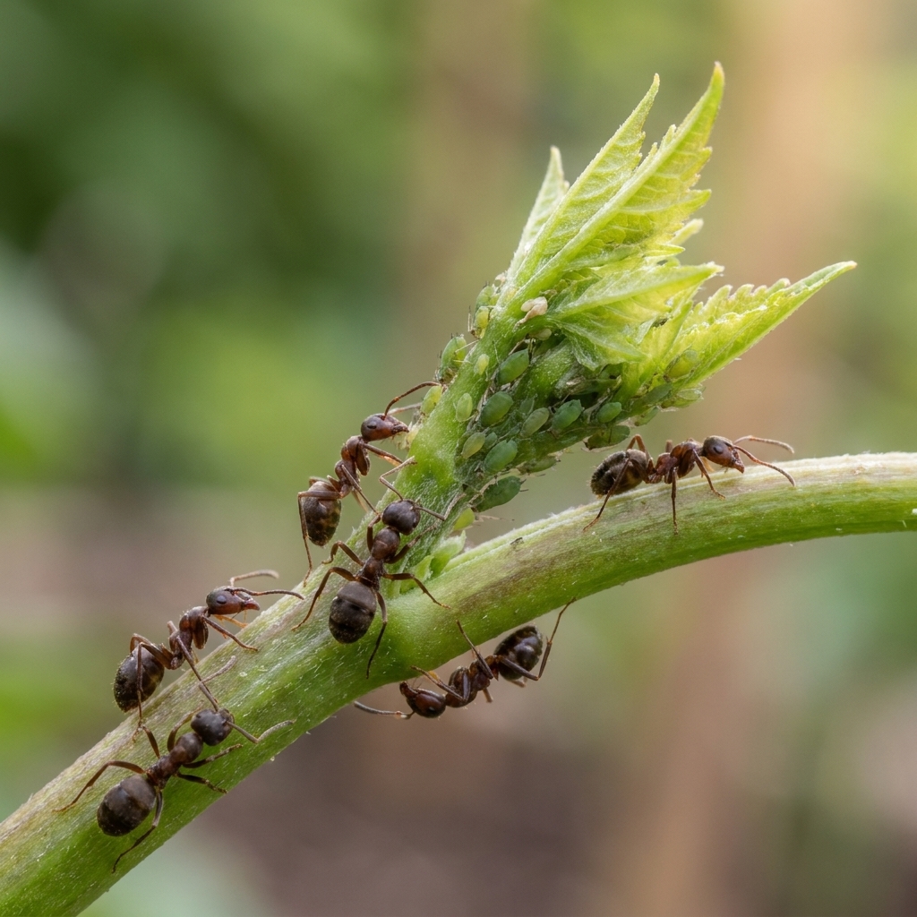 Several ants walking on a vegetable stem while aphids cluster on the tender new growth.