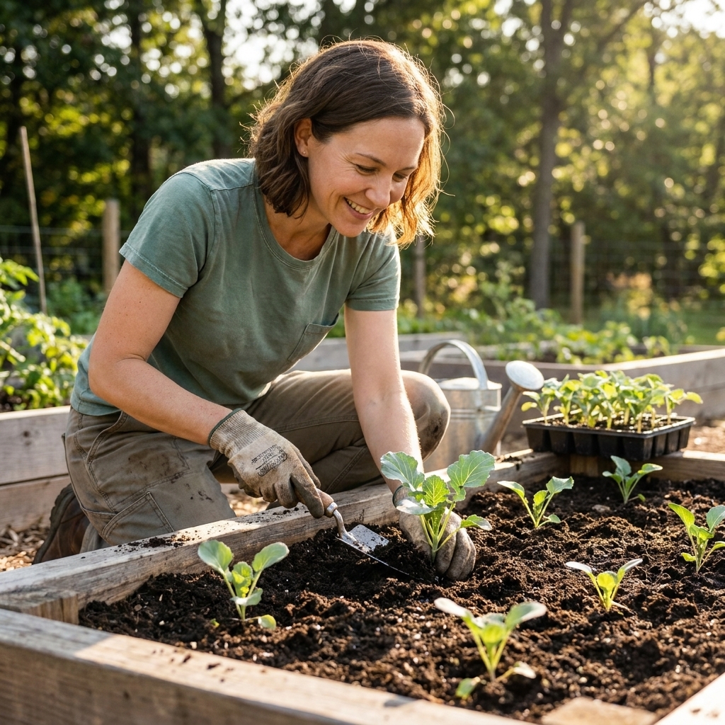 Small broccoli seedlings being transplanted into a raised bed with compost-rich soil in late summer