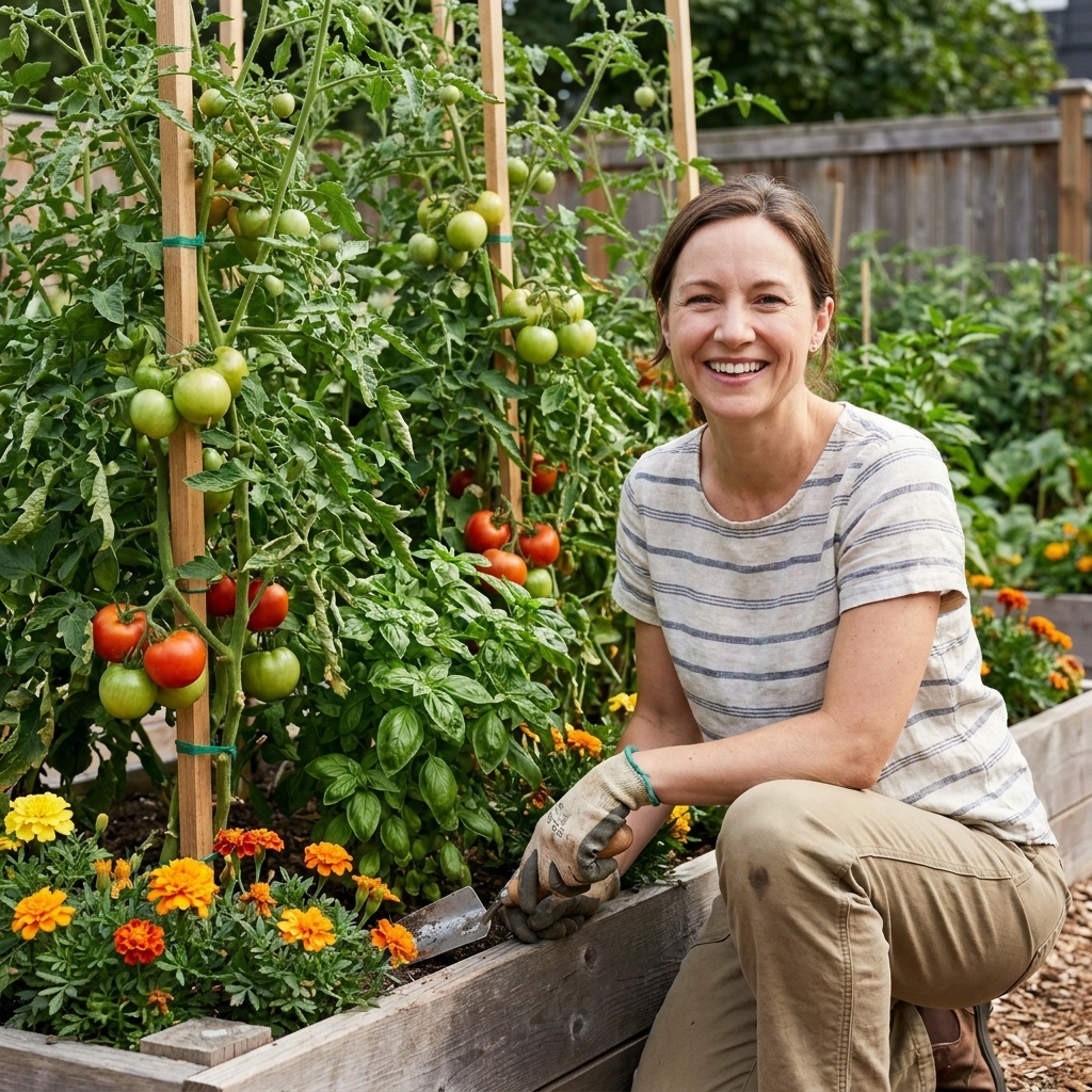 Staked tomato plants growing in a raised bed with basil tucked underneath and marigolds blooming along the edge