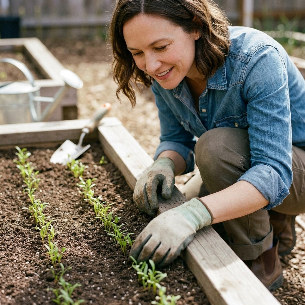 Tiny carrot seedlings emerging in neat rows from a well-leveled raised bed with fine-textured soil