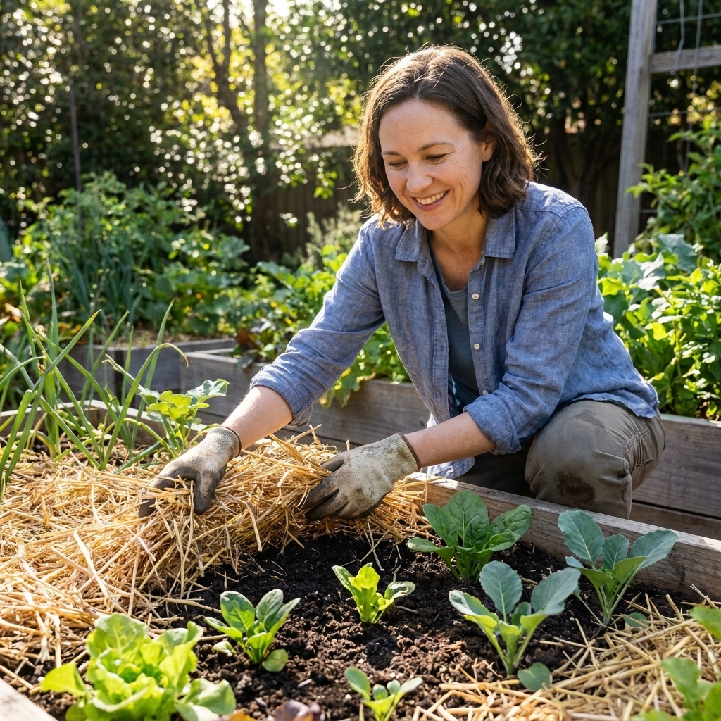 Vegetable seedlings growing through a layer of straw mulch in a raised bed, with rich dark soil visible beneath